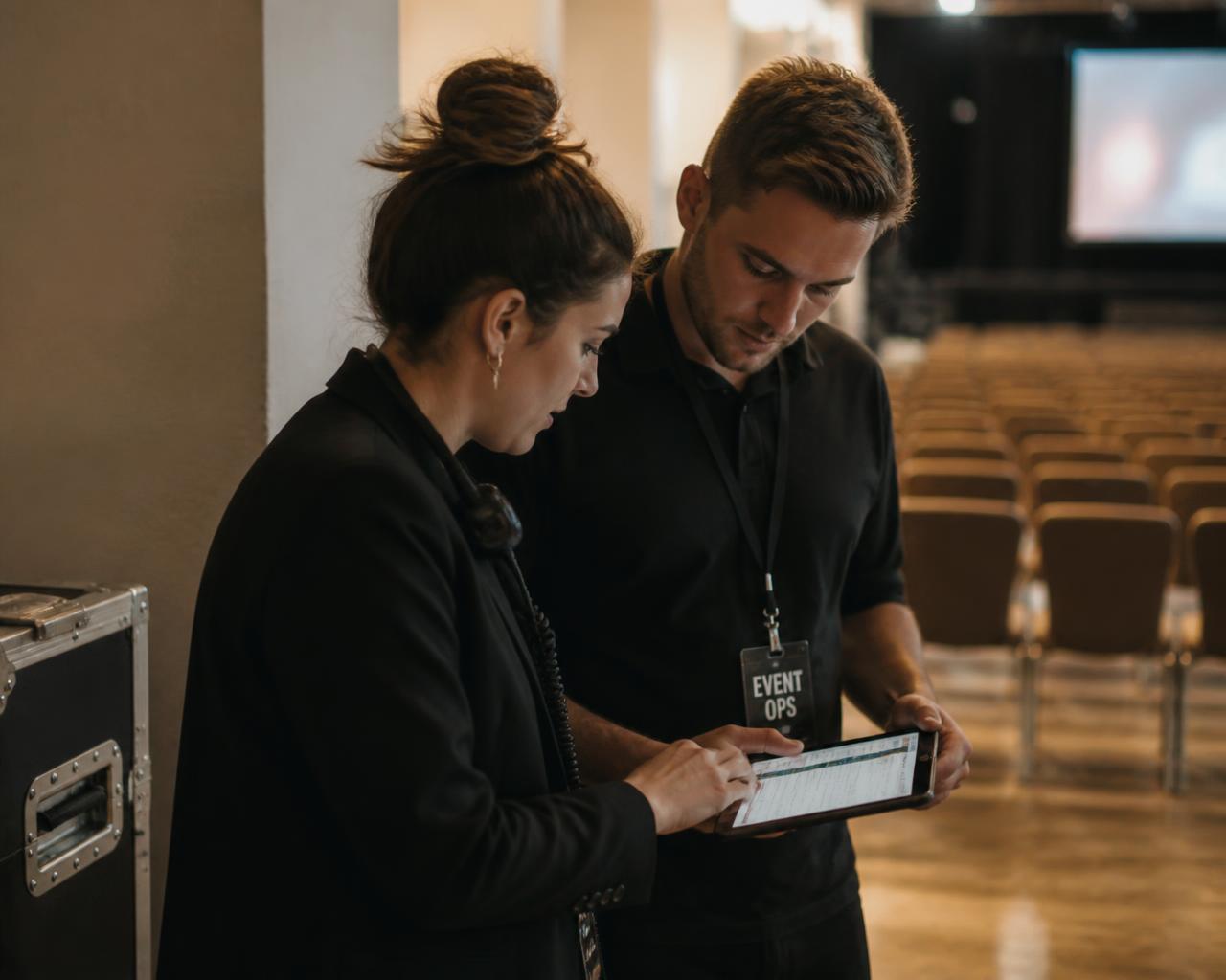 Two Amzai event operations colleagues checking a run sheet on a tablet in a venue before doors open