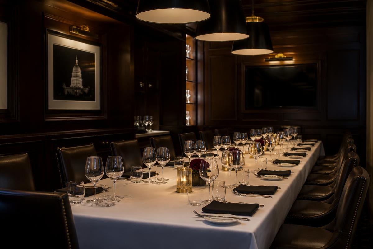 Private dining room in Washington, DC set for a senior-level roundtable dinner