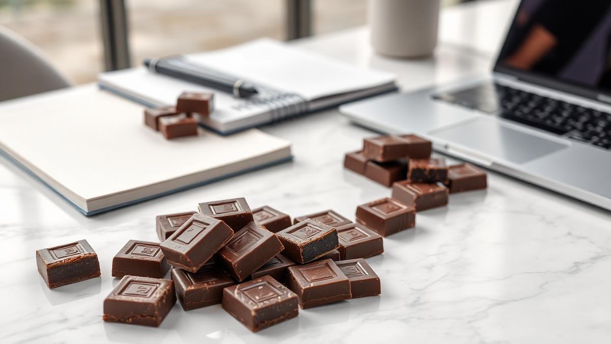 Fine chocolate squares on marble beside a notebook and laptop