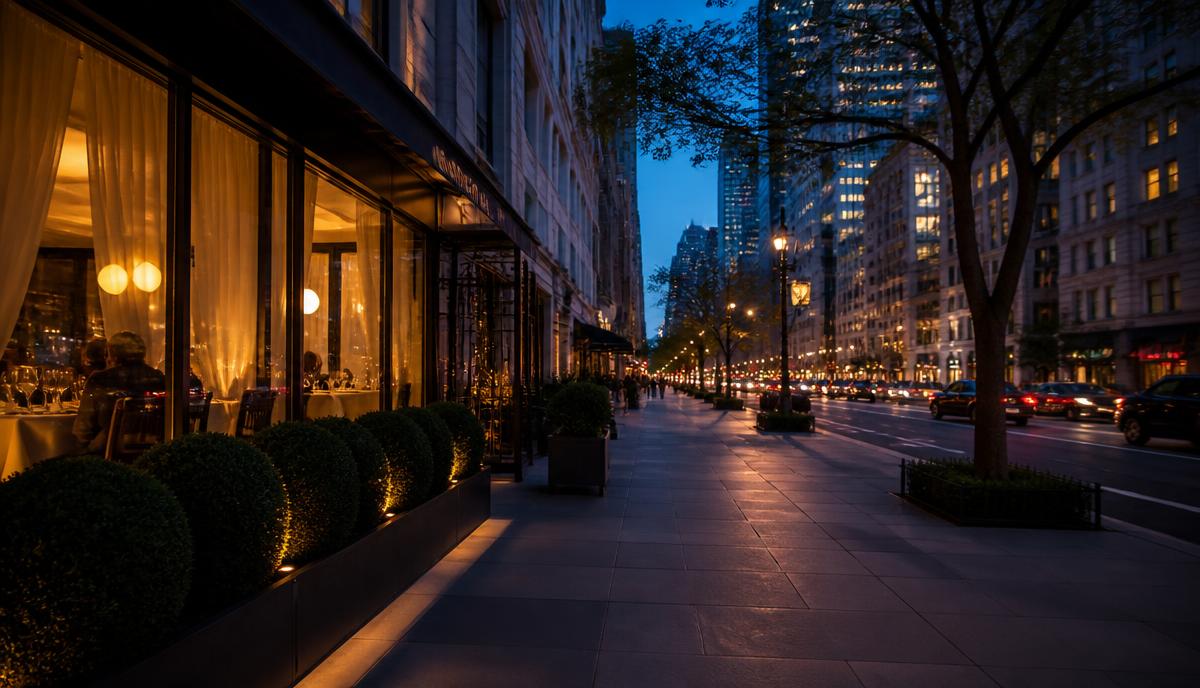 Lower Manhattan street at dusk with warm restaurant window light